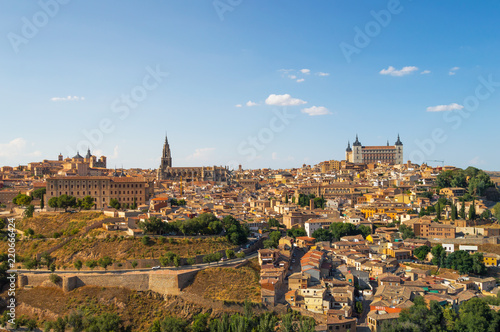 Skyline of Toledo, beautiful city of Spain. Sunny landscape with view of the main monuments at sunset. Panoramic of Toledo, Castilla-La Mancha.