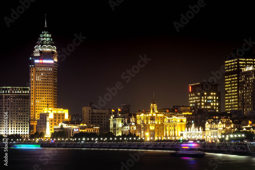 Photography Night panorama of beautiful Shanghai city with bright lights, China