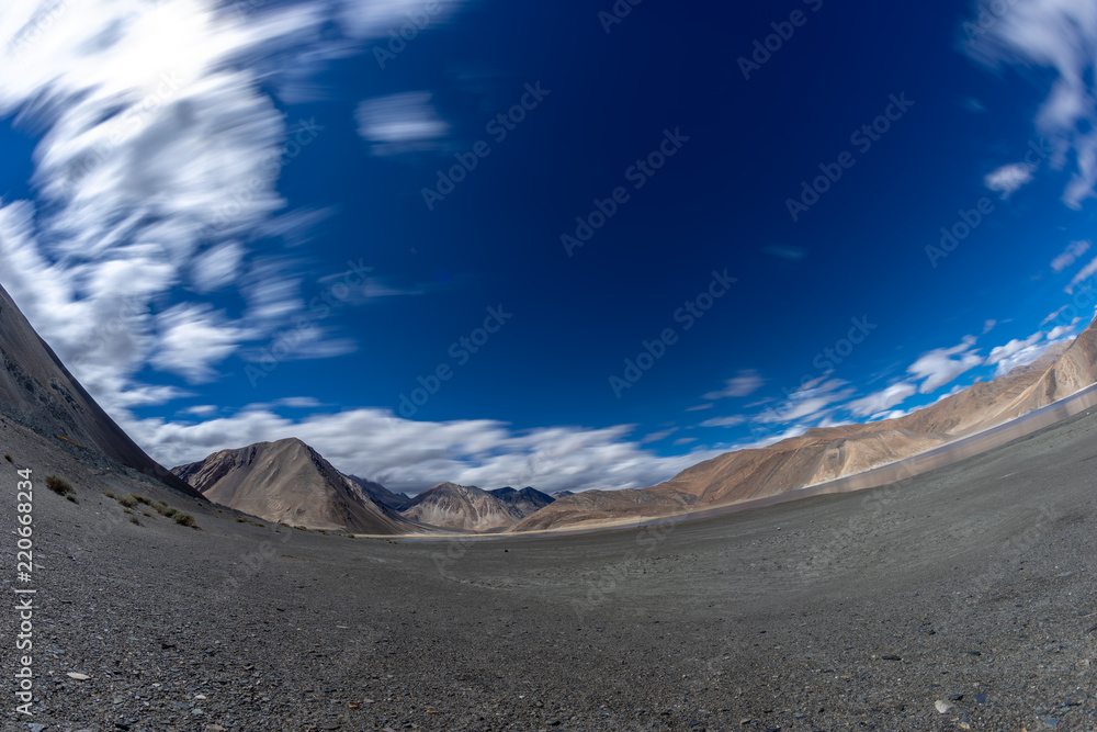 Mountain at Pangong Lake with Cloudy sky from Fisheye Lens in July 2018