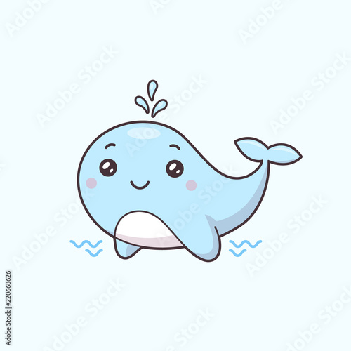Cute blue whale spraying water vector illustration in kawaii cartoon style