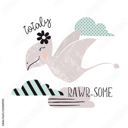 Dinosaur baby girl cute print. Sweet dino princess with flower. Cool pterodactyl illustration