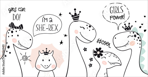 Dinosaur baby girl cute print. Girl power text and can do slogan.