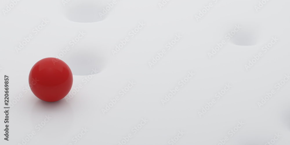 Abstract of white surface with random position of hole and red sphere ball,minimal concept,Futuristic space. 3D rendering Abstract of white surface with random position of hole and red sphere ball,minimal concept,Futuristic space. 3D rendering