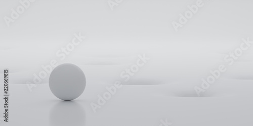 Abstract of white surface with random position of hole and white sphere ball minimal concept Futuristic space. 3D rendering