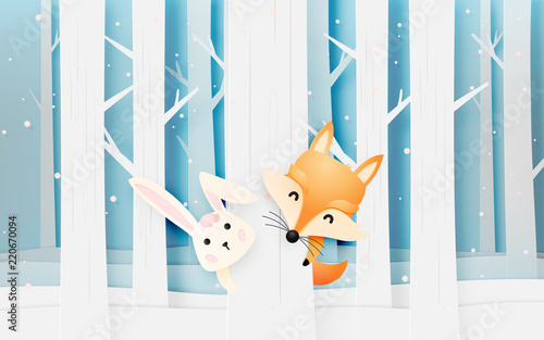 Cute fox in the wood with paper art style pastel scheme