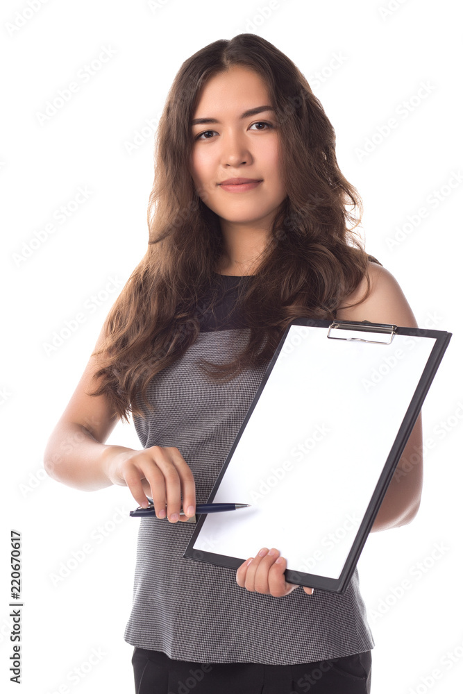 Smiling woman with clipboard offer to sign job contract Smiling woman with clipboard offer to sign job contract