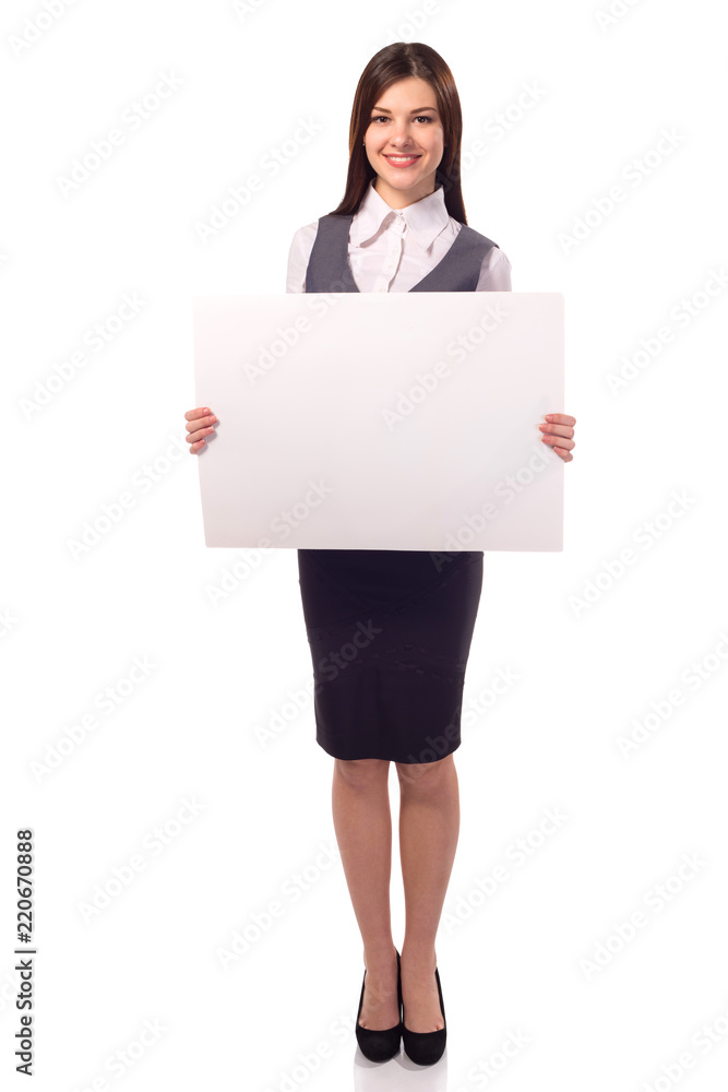 Young smiling woman with blank board placard, strict clothing Young smiling woman with blank board placard, strict clothing