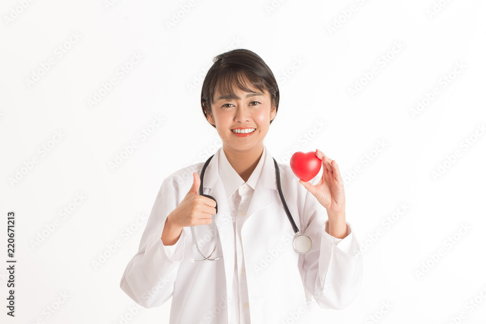 Beautiful Attractive Asian doctor woman with stethoscope holding document smile and showing red heart for good health feeling so happiness and confident,Isolated on white background,Healthcare Concept Beautiful Attractive Asian doctor woman with stethoscope holding document smile and showing red heart for good health feeling so happiness and confident,Isolated on white background,Healthcare Concept