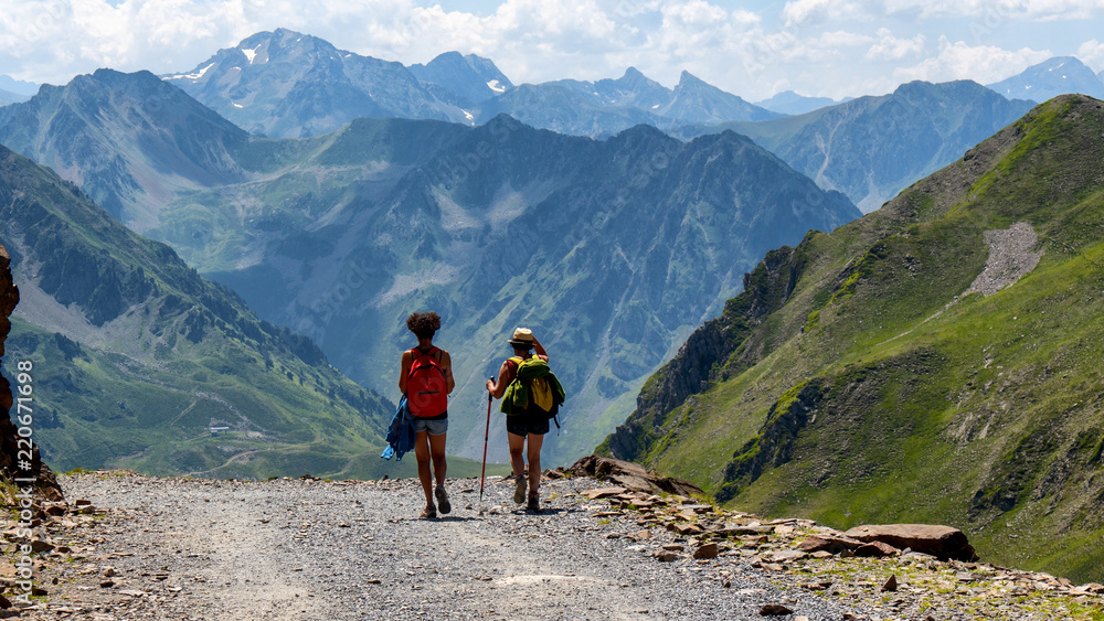 two women hikers on the trail of  Pic du Midi de Bigorre in the Pyrenees