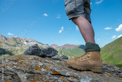 close-up of a hiker's foots in mountain