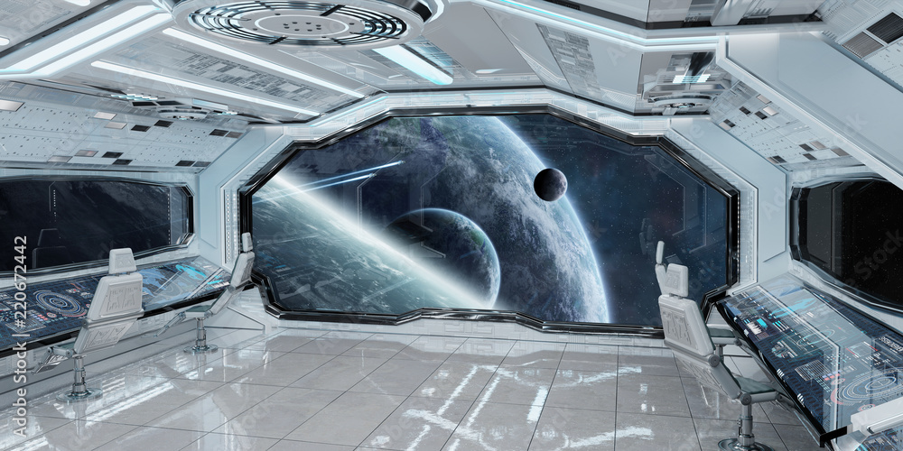 Fototapeta premium White clean spaceship interior with view on planet Earth 3D rendering