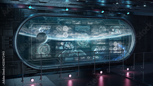 Fototapeta Naklejka Na Ścianę i Meble -  Dark spaceship interior with control panel digital screens 3D rendering