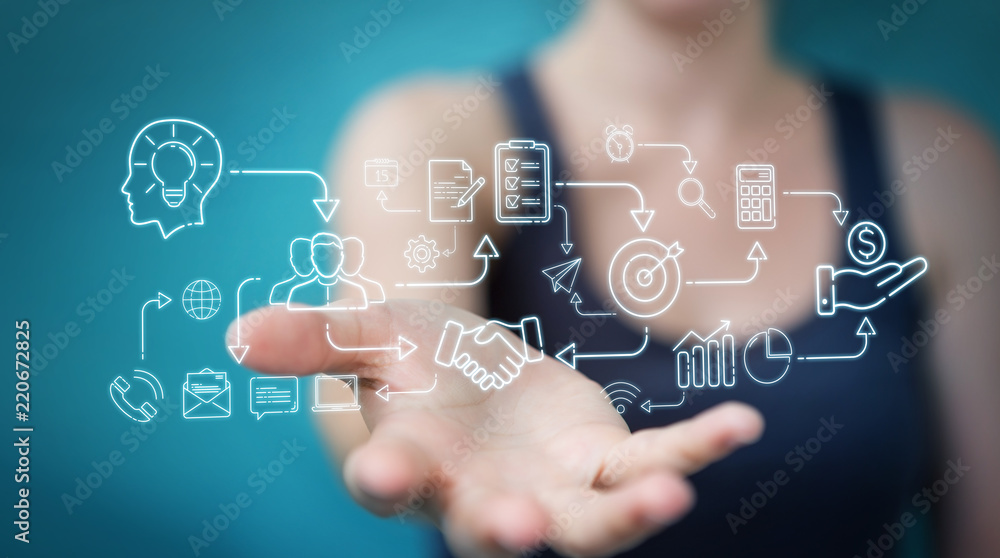 Businesswoman using thin line icon project plan presentation Businesswoman using thin line icon project plan presentation