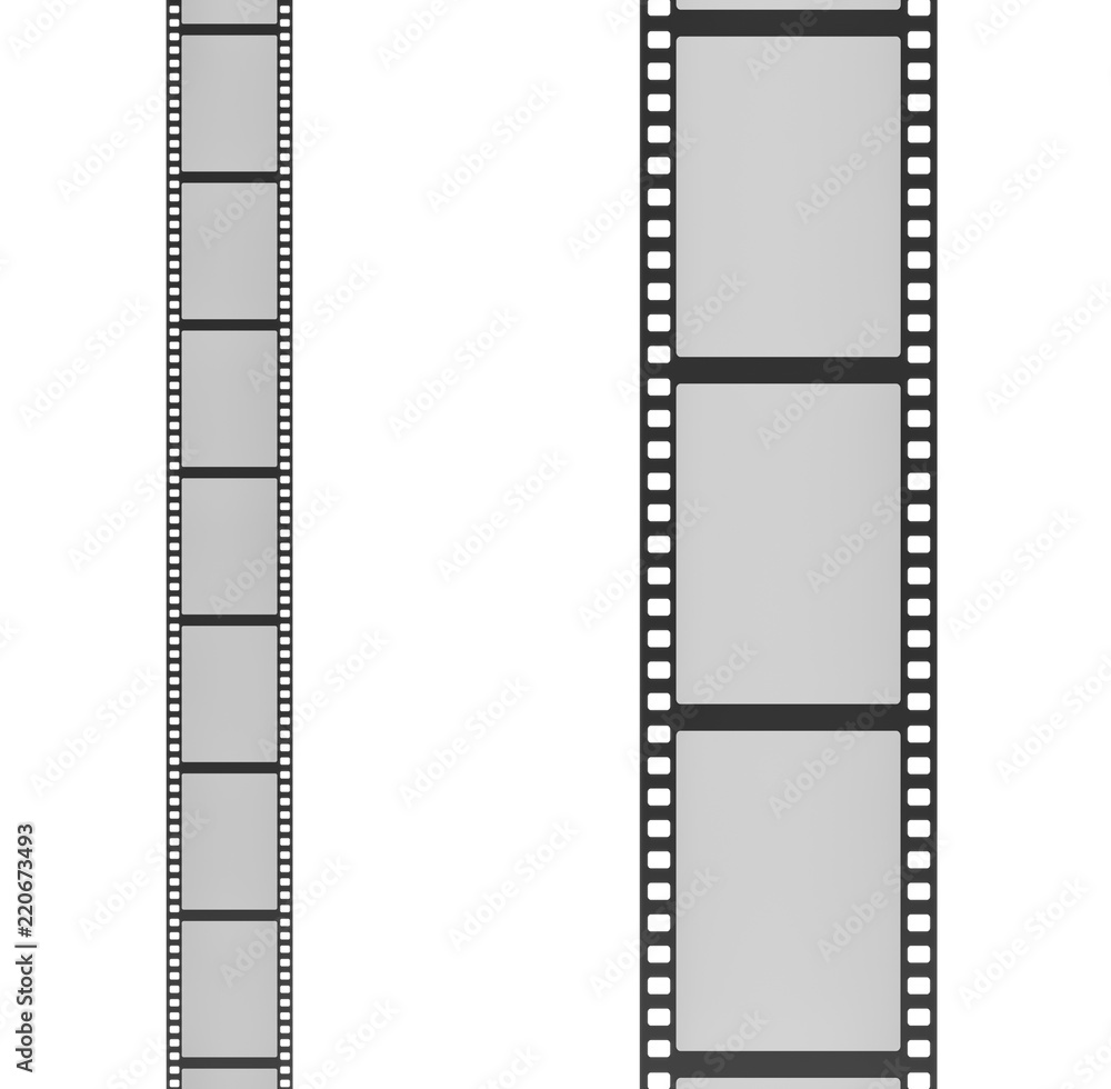 3d rendering of two film strips placed vertically next to each other one with small and the other with big frames. 3d rendering of two film strips placed vertically next to each other one with small and the other with big frames.