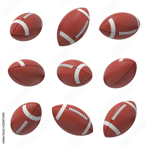 3d rendering of several oval American football ball hanging on a white background and shown from different sides. photo