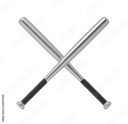 3d rendering of two sleek steel baseball bats with a wrapped handle crossing each other on a white background.