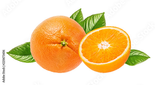 Oranges with leaves isolated on white background with clipping path