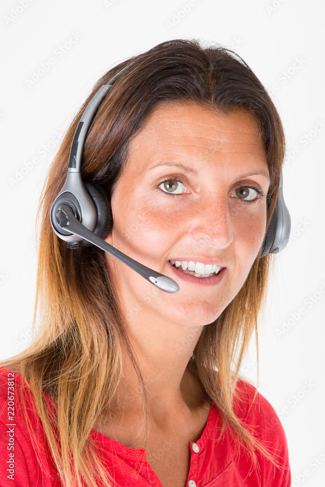Young beautiful woman consulting manager with headset on white background Young beautiful woman consulting manager with headset on white background