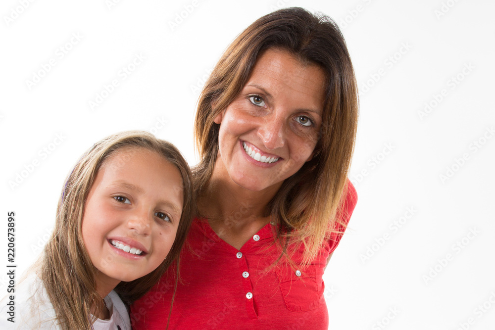 cheerful portrait of happy mother and child daughter isolated over white background cheerful portrait of happy mother and child daughter isolated over white background