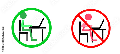 Sign correct incorrect siting pose under computer laptop table isolated on white nackground. symbol sitting position vector illustration.