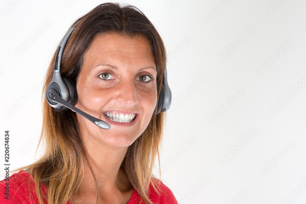 Smiling young support phone operator Call center in headset isolated on white background Smiling young support phone operator Call center in headset isolated on white background