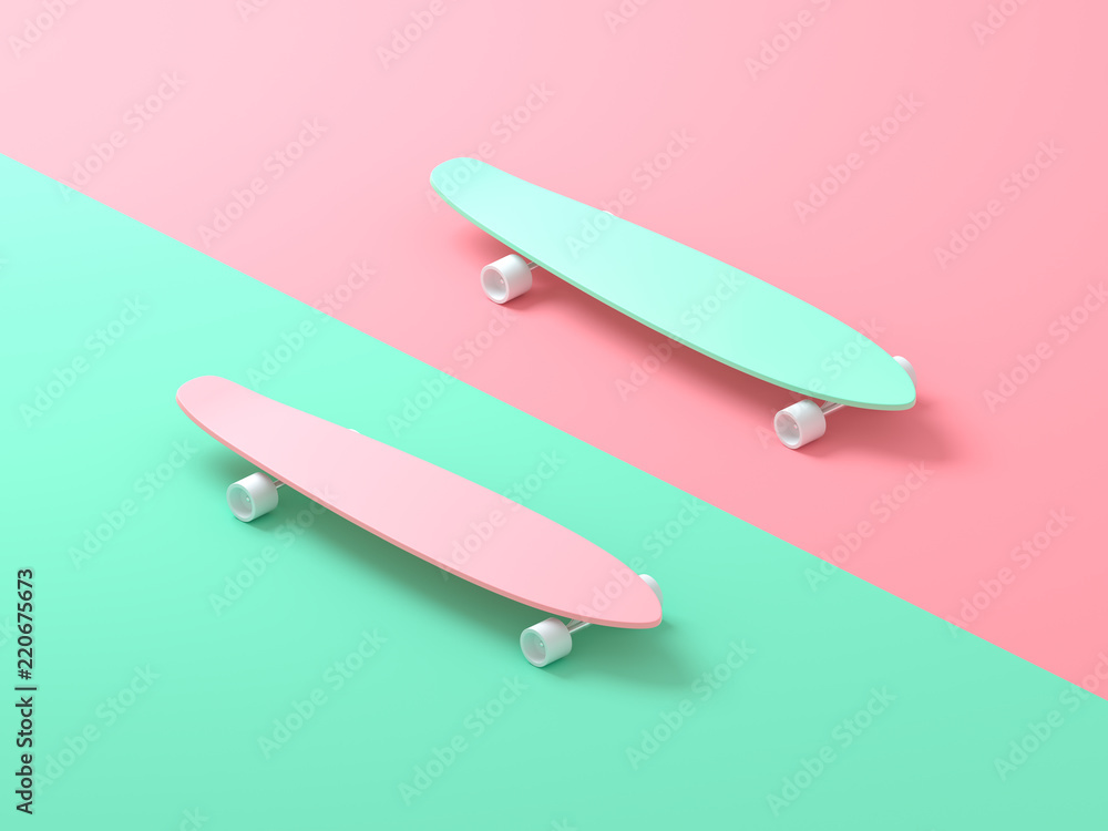 Creative layout made of colorful longboard on pink and green background.  Minimal summer sport concept with copy space. Border arrangement. Stock  Illustration | Adobe Stock