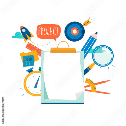 Evaluation, examination questionnaire, planning project, business assessment, data collecting flat vector illustration design. Questionnaire clipboard, project review for mobile and web graphics