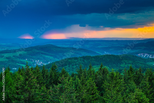 Cold misty foggy morning in a fall valley of Bohemian Switzerland park. Hills with fog  landscape of Czech Republic