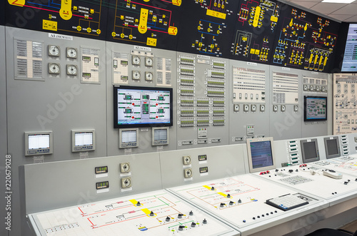 The central control room of nuclear power plant. Fragment of nuclear reactor control panel.