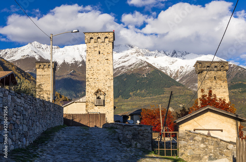 Mountain village with ancient towers. Mestia, Svaneti, Georgia photo