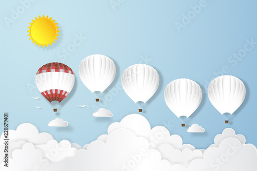 Red balloon leadership team flying under blue sky and sunny as business leader , paper art, craft style and business, journey and travel concept. vector illustration.