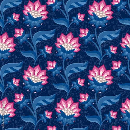 Jacobean floral illustration., meadow flowers background. Colorful herbs background. Seamless vector pattern. Jacobean embroidery floral, herbal collection, pink and blue flowers.