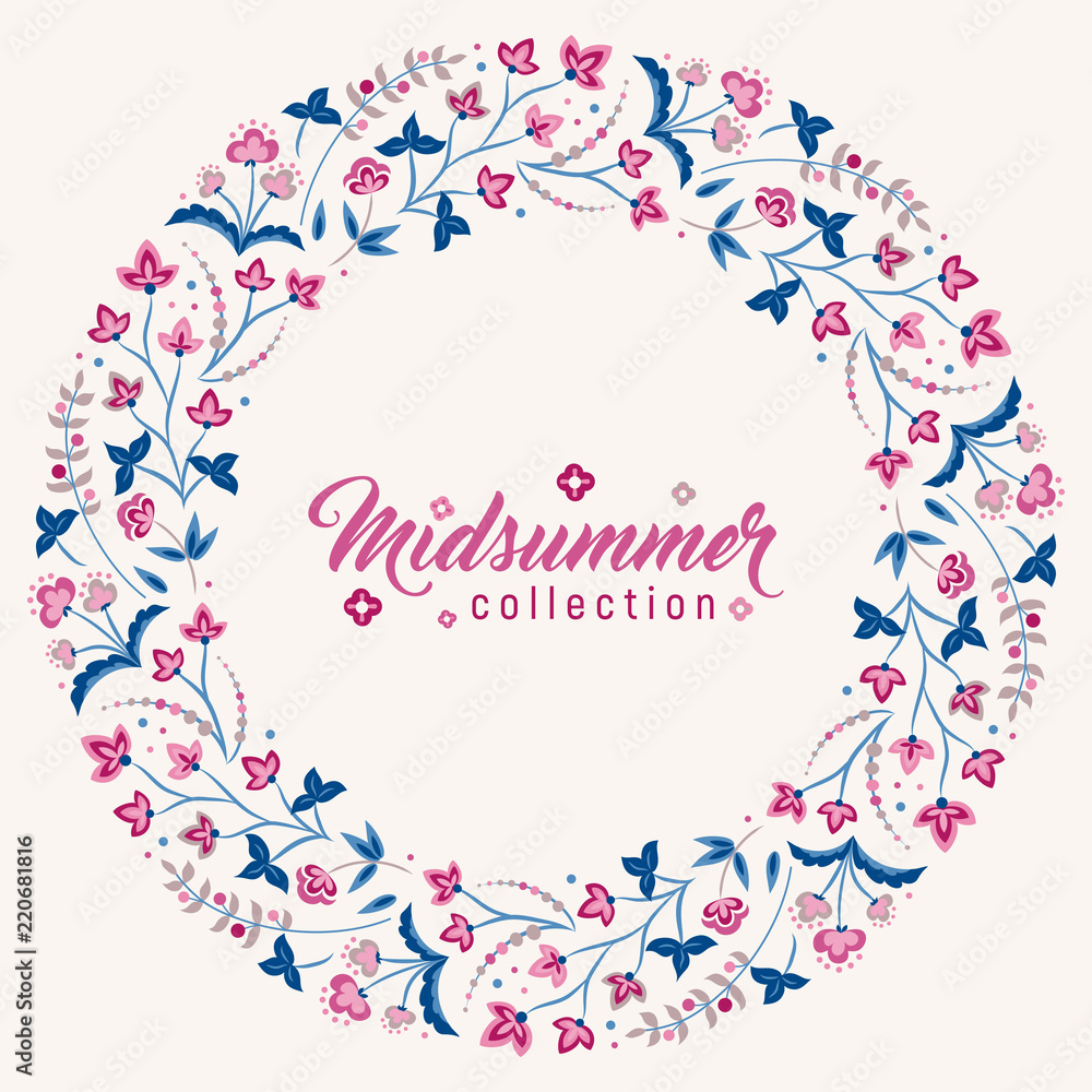 Jacobean style flowers, floral wreath frame for invitation template. Vector illustration. Jacobean floral, herbal collection, pink and blue flowers.