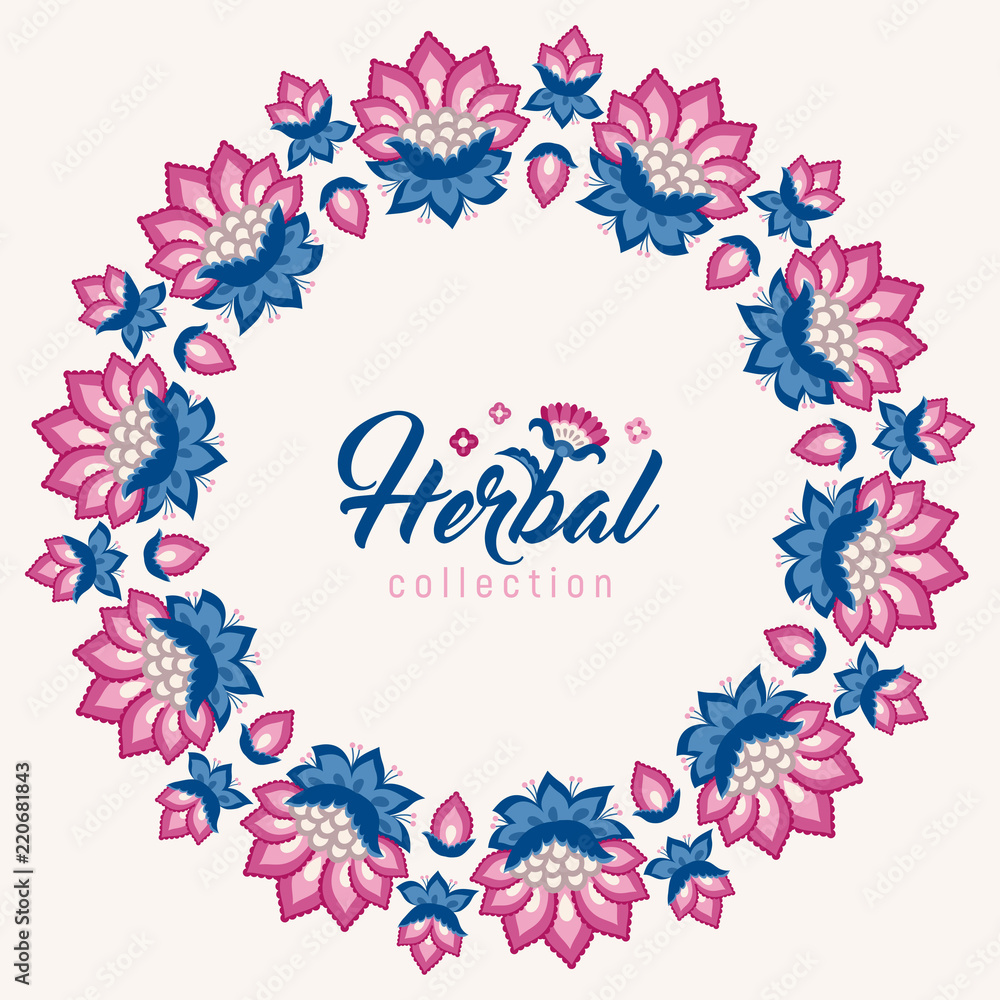 Jacobean style flowers, floral wreath frame for invitation template. Vector illustration. Jacobean floral, herbal collection, pink and blue flowers.