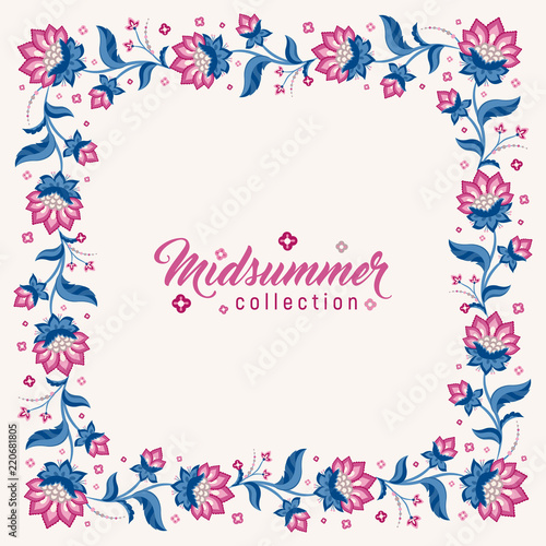Jacobean style flowers, floral wreath frame for invitation template. Vector illustration. Jacobean floral, herbal collection, pink and blue flowers.
