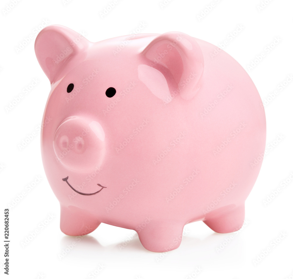 pink ceramic piggy bank isolated on white background