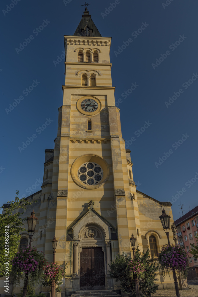 Nice big church in Kraslice town in summer morning