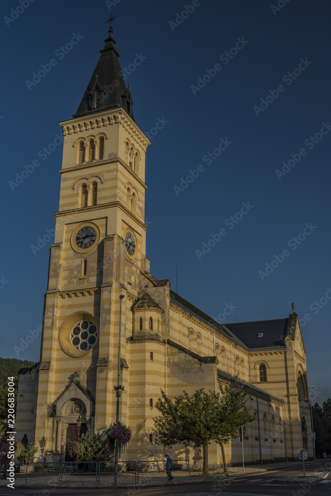 Nice big church in Kraslice town in summer morning