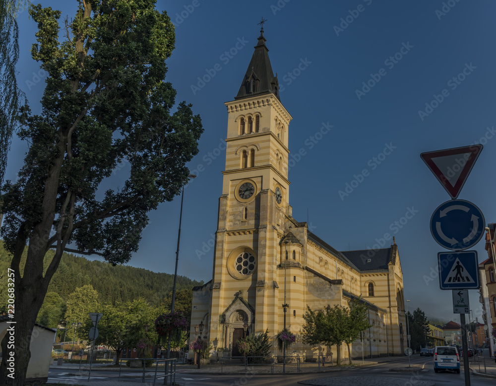 Obraz premium Nice big church in Kraslice town in summer morning
