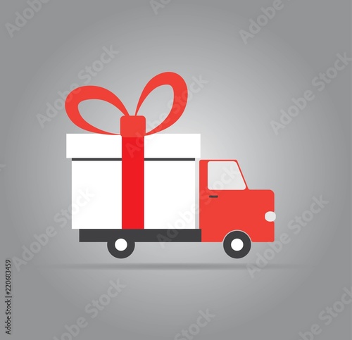 Christmas and New Year greeting card with gift delivery. Vector illustration