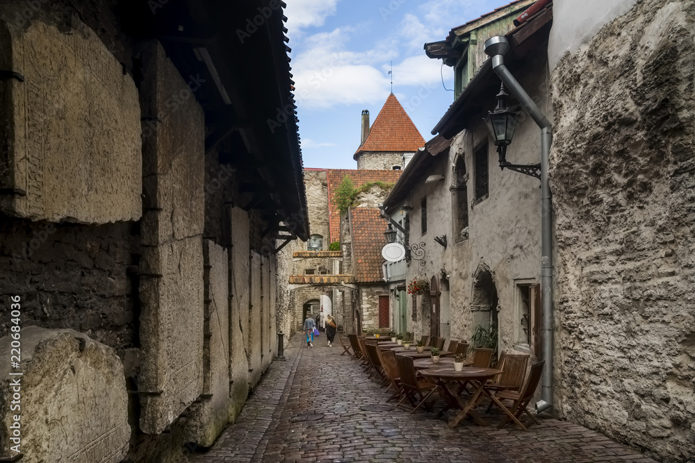 Beautiful view of the famous Passage of St. Catherine (Katariina käik) in the Old Town of Tallinn, Estonia