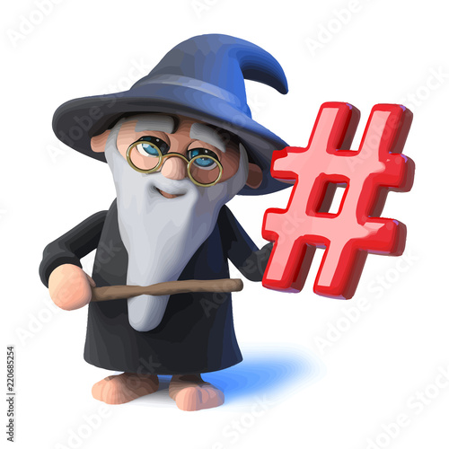 Vector 3d Funny cartoon wizard magician pointing a wand at a hashtag symbol
