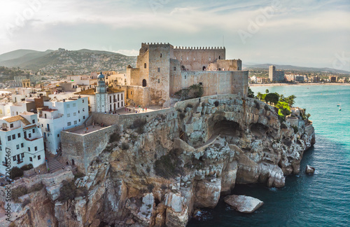 old castle in the town of Peniscola panoramic view of the city. province of Castellon, Valencian Community, Spain.