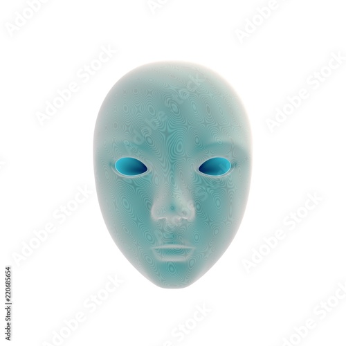 Mask, face, robot, alien. Shades of blue and turquoise. White background. Illustration. 3d render.