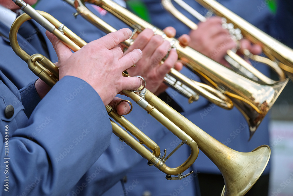 Fototapeta premium Konzert unter freiem Himmel - Nahaufnahme Musikant mit Posaune, selektive Schärfe
