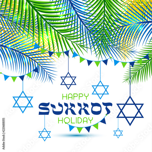 Happy Sukkot Holiday. Jewish Holiday Sukkot. Vector Jewish new year. Autumn Fest. Rosh Hashana Israel Sukkah. Palm tree leaves frame.