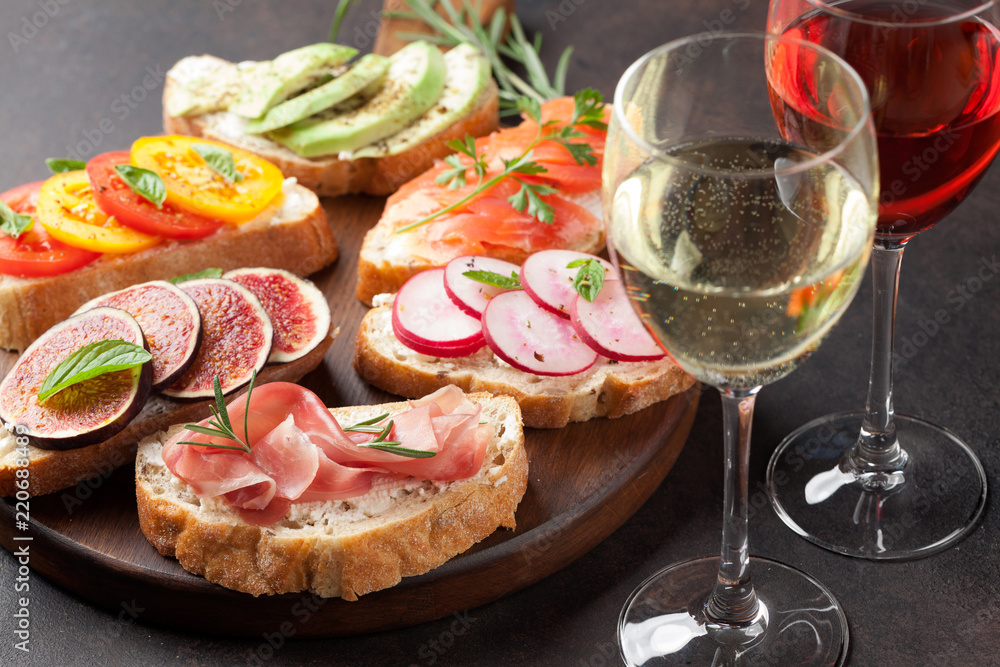Brushetta or spanish tapas set with wine Brushetta or spanish tapas set with wine