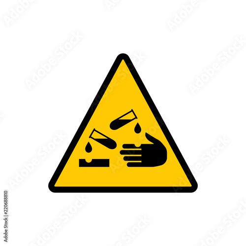 Corrosive material yellow triangle sign. Corrosive hazard warning vector sign.