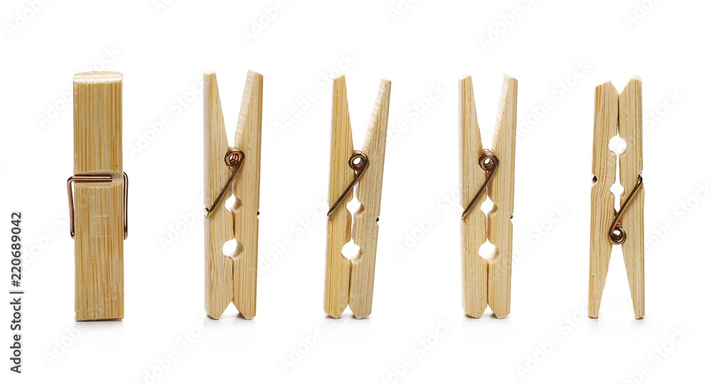 Set clothespins, natural bamboo peg isolated on white background Set clothespins, natural bamboo peg isolated on white background