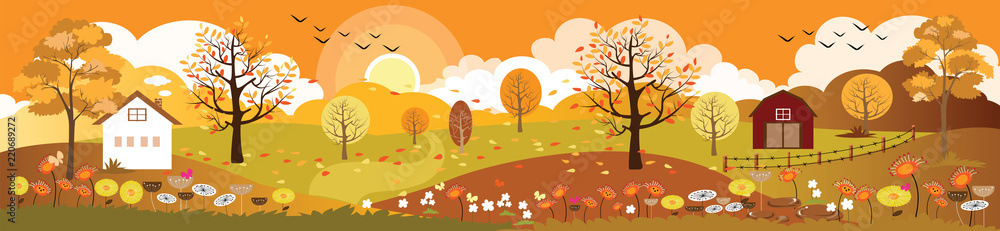 Autumn landscape background, Beautiful view Fall season in countryside of farm field with mountains and leaves fallen on grass